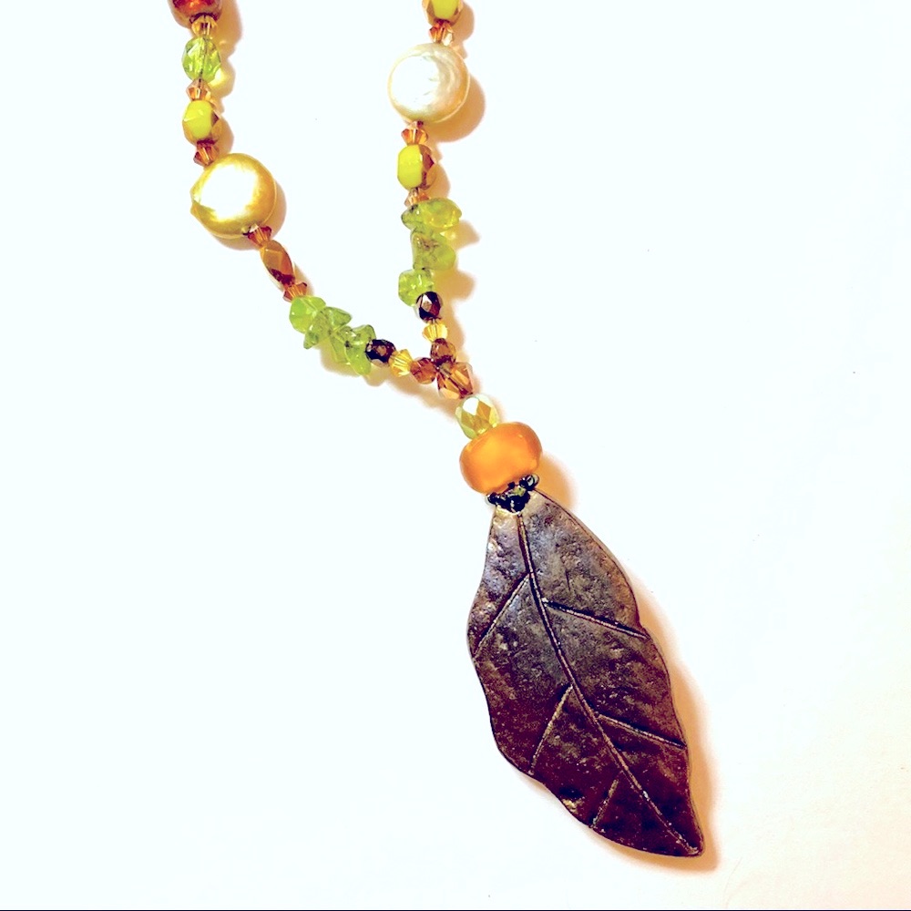 Artisan Crafted Orange Green Leaf Necklace